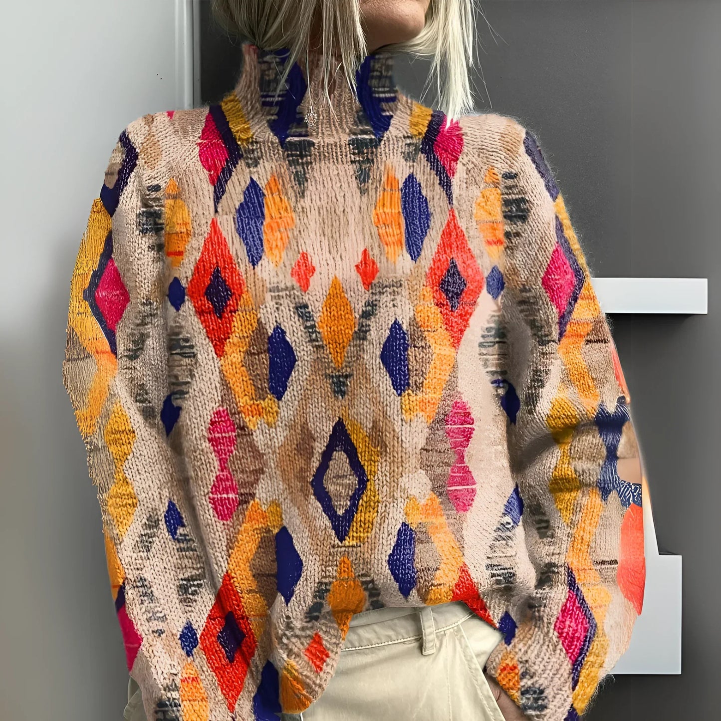 Fenna | Geometric Check Knitted Turtleneck Sweater